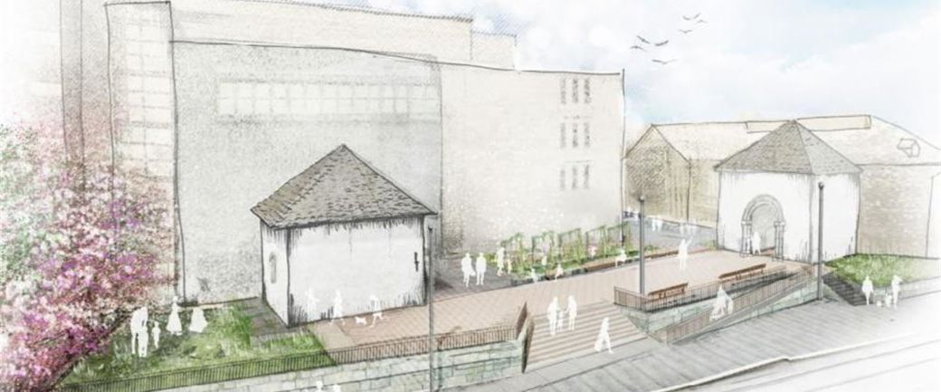 Skisse av korleis Nonneseter-området blir sjåande ut etter at den tidlegare Sølvvarefabrikkeng er rive ned. Det viser to klosterbygg fåå frå 1100-talet med ein open plass mellom bygga der folk kan gå og sykle. Det kjem også grøne planter. Illustrasjon: Norconsult

