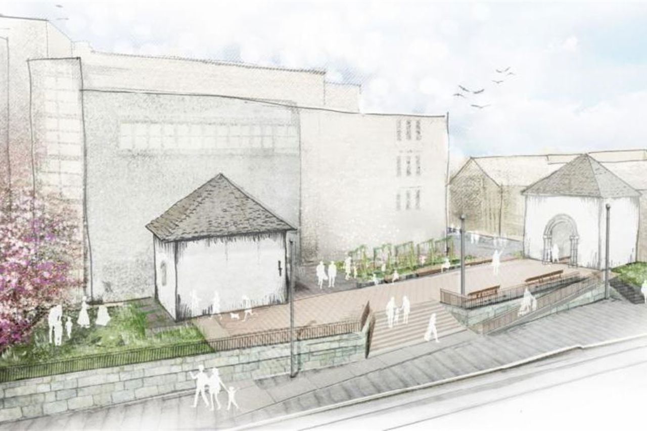 Skisse av korleis Nonneseter-området blir sjåande ut etter at den tidlegare Sølvvarefabrikkeng er rive ned. Det viser to klosterbygg fåå frå 1100-talet med ein open plass mellom bygga der folk kan gå og sykle. Det kjem også grøne planter. Illustrasjon: Norconsult

